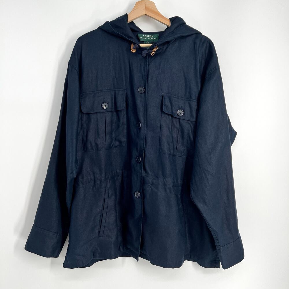 Lauren Ralph Lauren 100% Linen Jacket Women 2X Navy Blue Hooded Utility Nautical